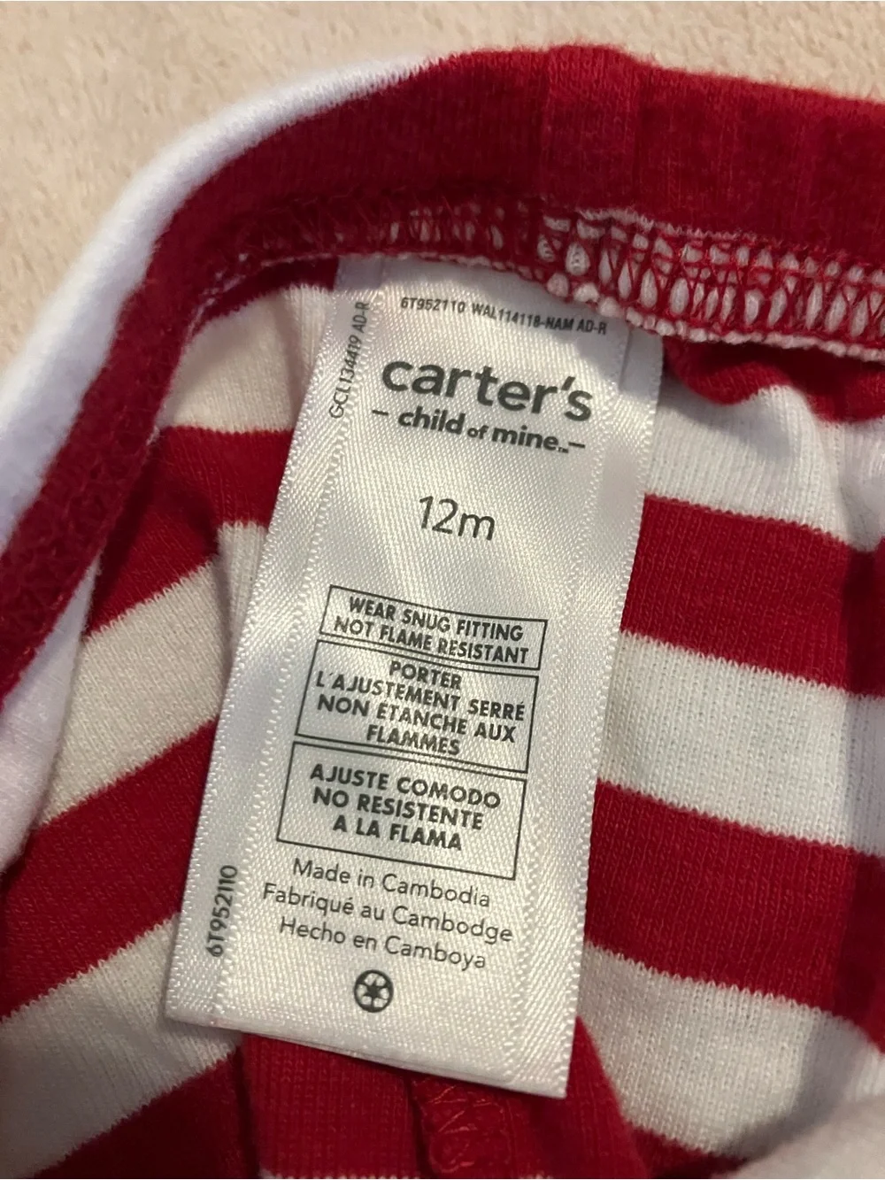 Carter’s Christmas Pajamas 12M Red White Striped Santa 2-Piece Set